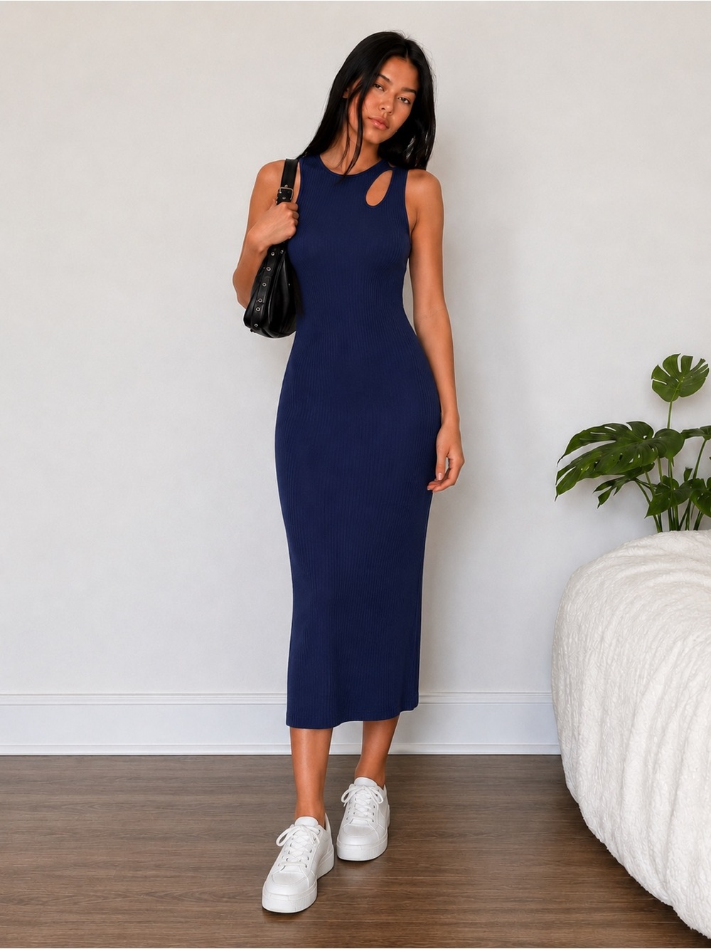 Zara Ribbed Cut Out Midi Dress Blue Size M Sleeveless Bodycon Casual Stretch